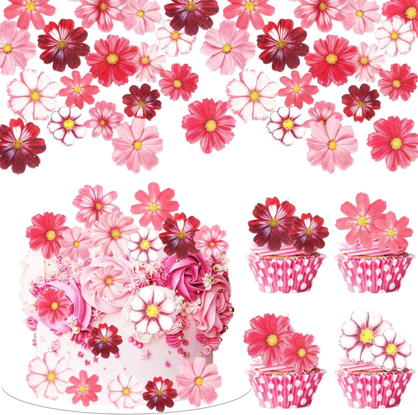 65 PCS Edible Gosang Flowers Cupcake Toppers Wafer Paper Flower Birthday Party Decorations Edible Hibiscus Wildflower Cupcake Picks for Baby Shower Wedding Birthday Party Cake Decorations Supplies