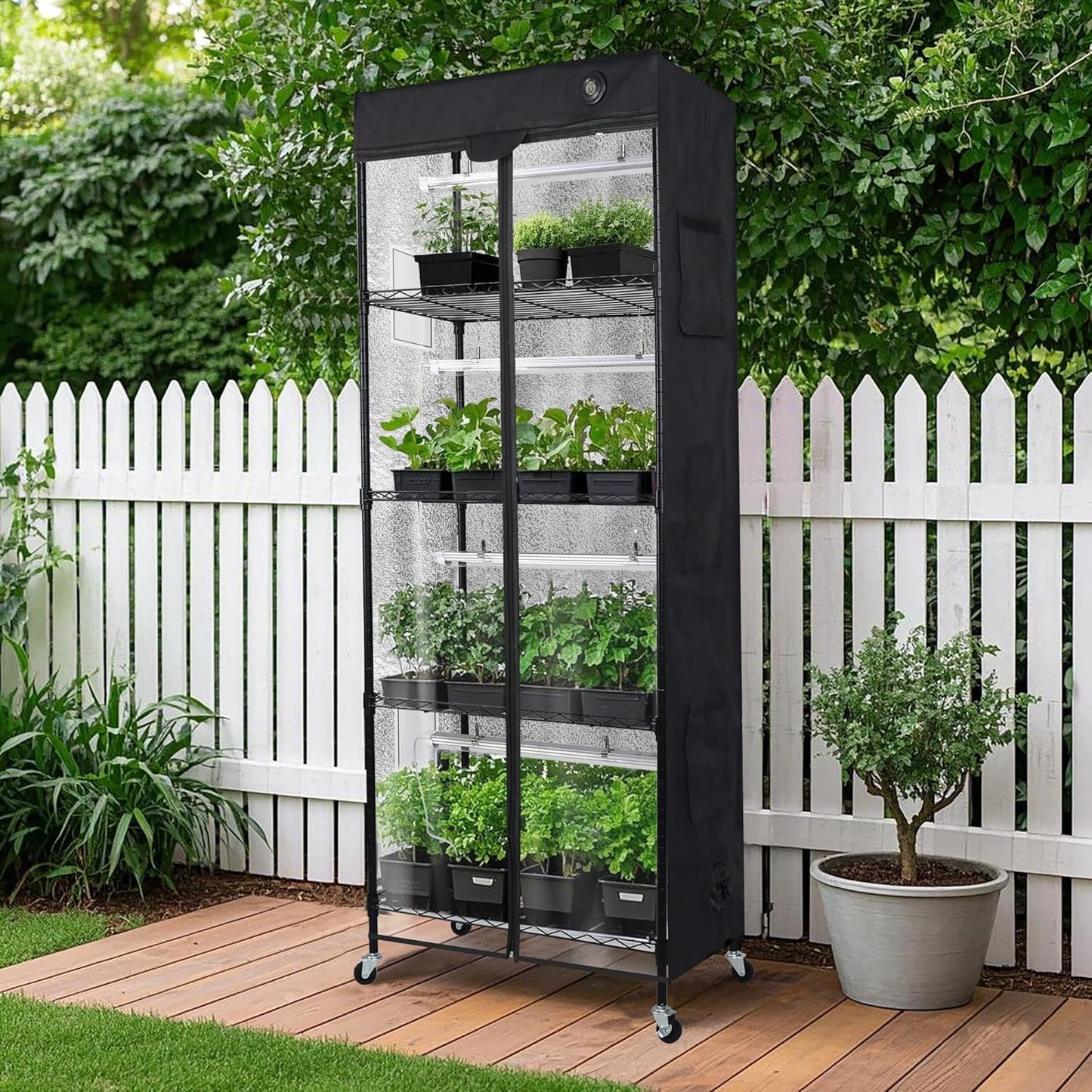 WORTH Mini Greenhouse with LED Grow Lights & Digital Thermo-Hygrometer – Portable Indoor Plant Grow Tent with Oxford Fabric Cover, Adjustable Shelves, Casters & Ventilation Flaps for Seed Starting