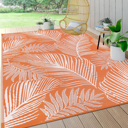 Pauwer Waterproof Outdoor Rug 6x9, Reversible Plastic Straw Patio Camping Rug, Indoor Outdoor RV Mat Carpet for Deck, Camper, Porch, Balcony, Backyard, Picnic, Leaf Orange