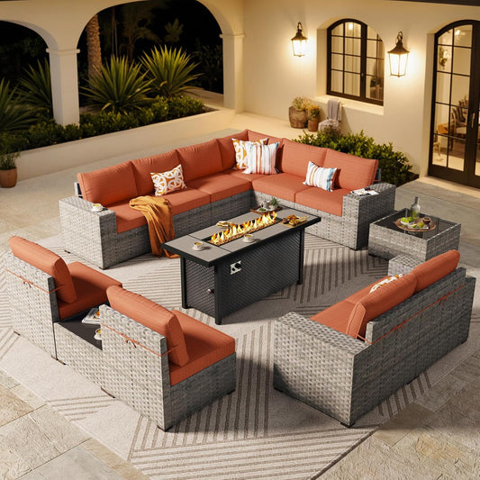 ovios 13 Pieces Patio Furniture Set, Outdoor Wicker Sectional Sofa with 54 Inch Fire Pit Table Comfy Cushions, Modern Modular Deep Seat Rattan Couch Conversation Set, Orange Red