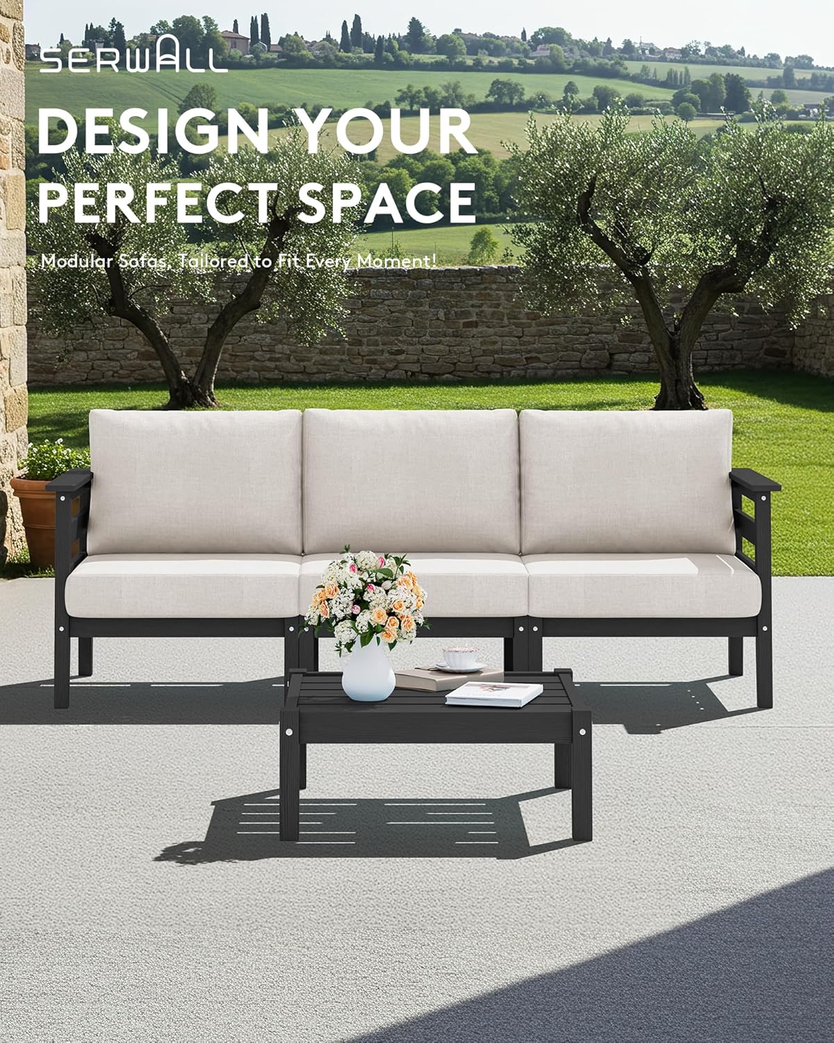 SERWALL HDPE Patio Furniture Set, 4 Pieces Outdoor Sectional Sofa Set, All-Weather Wood-Like Outdoor Sofa Couch with Coffee Table for Deck, Lawn, Black Frame with Khaki Cushion