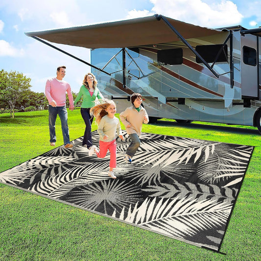 Outdoor Rug Waterproof for Patios Clearance, Reversible Outdoor Plastic Straw Rug Camping Carpet, Outside Floor Mats Large Area Rugs for RV,Patio,Deck,Porch,Beach, Balcony，8'x10',Black&Beige