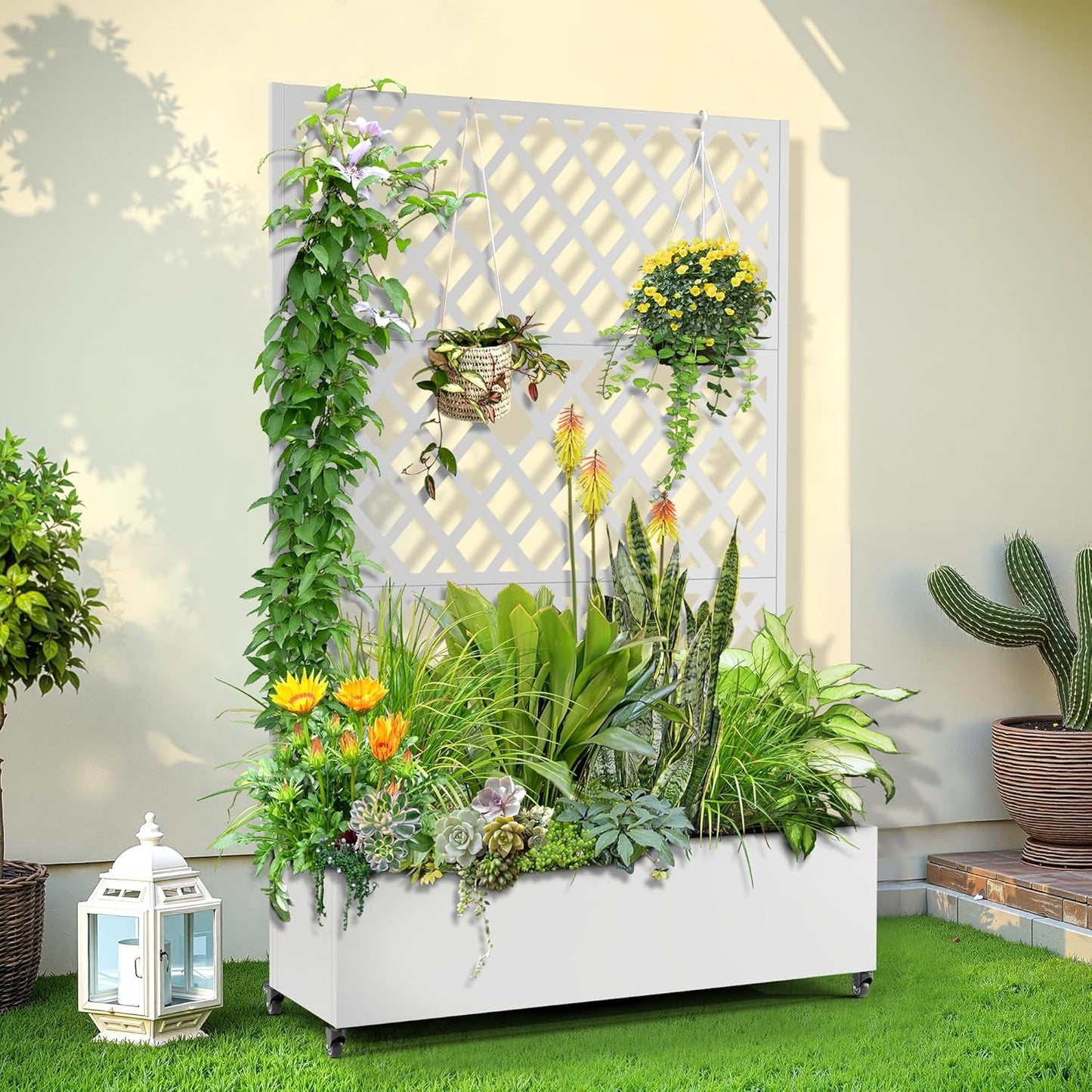 Metal Planter Trellis Box with Wheels & Drain Plug Outdoor Raised Garden Bed Patio Privacy Screen with Planter for Climbing Plants, Vegetables 73"x47"x16" White-Diamond
