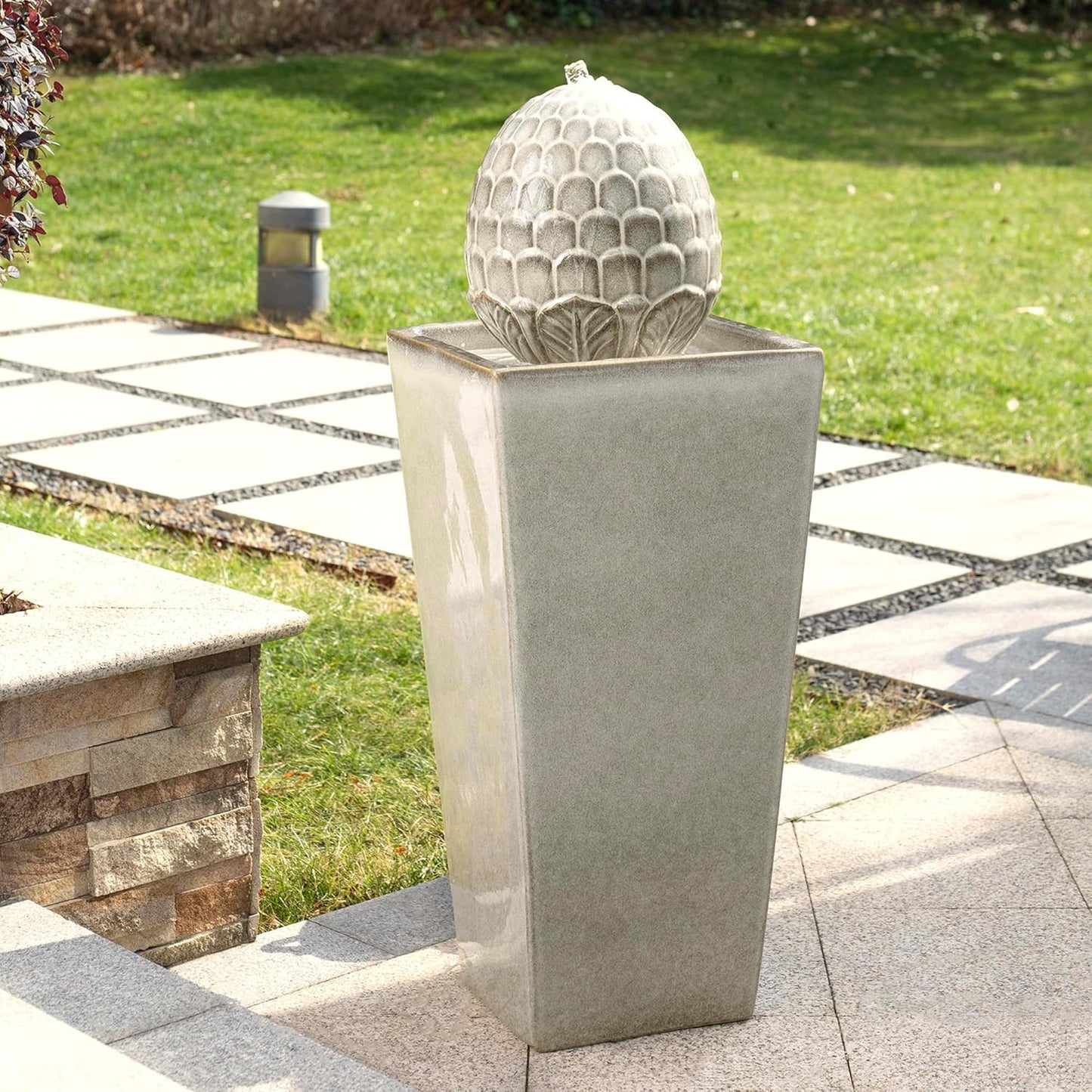 Glitzhome Ceramic Outdoor Water Fountain with LED Light, Oversized Artichoke Pedestal Water Fountains with Submersible Pump, Patio Fountain Waterfall for Garden Patio Deck Porch, Sand Beige, 35.75" H