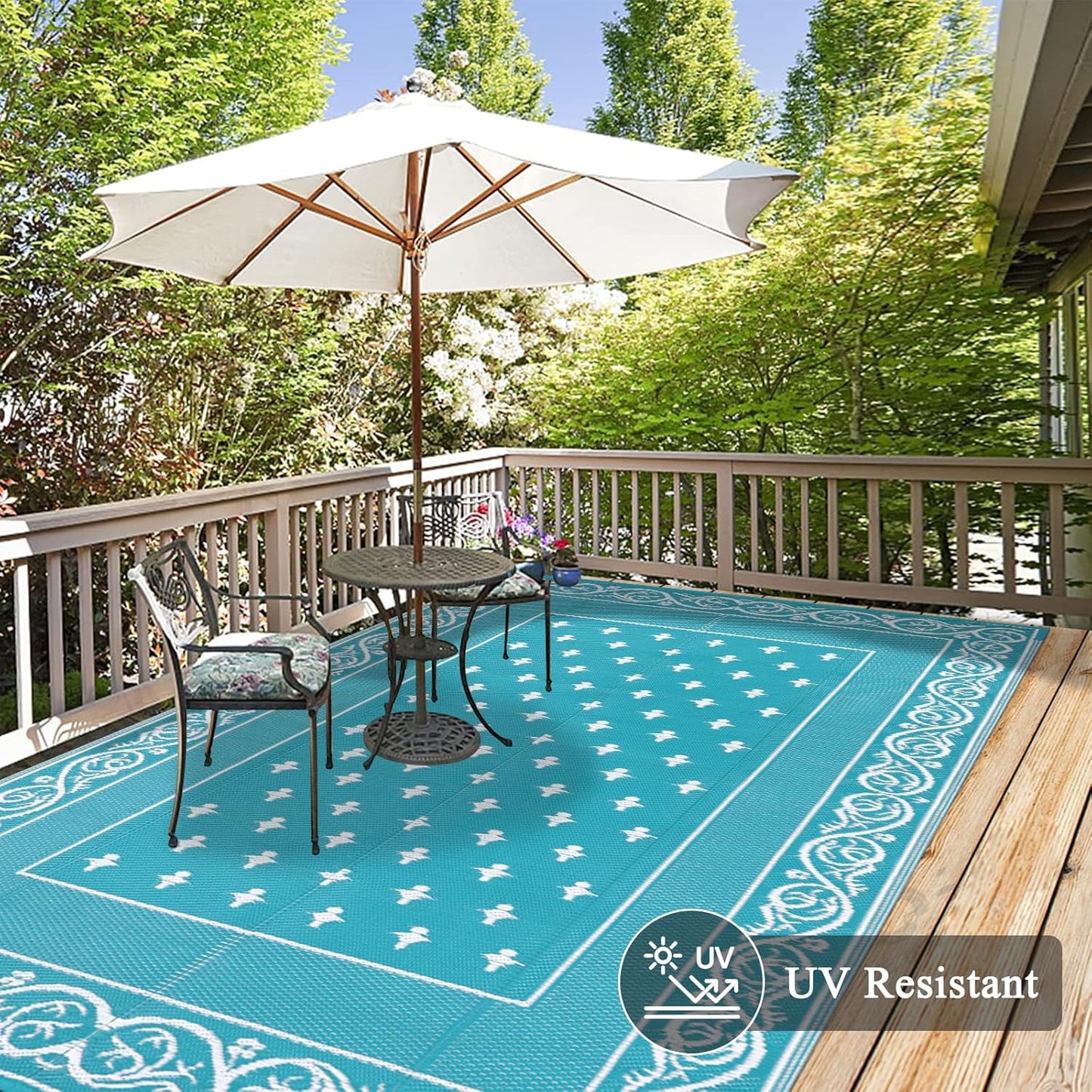 Pauwer Waterproof Outdoor Rug 8x10, Reversible Plastic Straw Patio Camping Rug, Indoor Outdoor RV Mat Carpet for Deck, Camper, Porch, Balcony, Backyard, Picnic, Bordered Teal