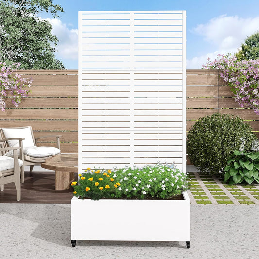 Casaphoria Metal Raised Garden Bed with Trellis and Wheels, 72"x35"x16" Planter Box for Climbing Plants, Vegetables & Vines, Features Drainage Holes and Privacy Screen (White-Louvered)