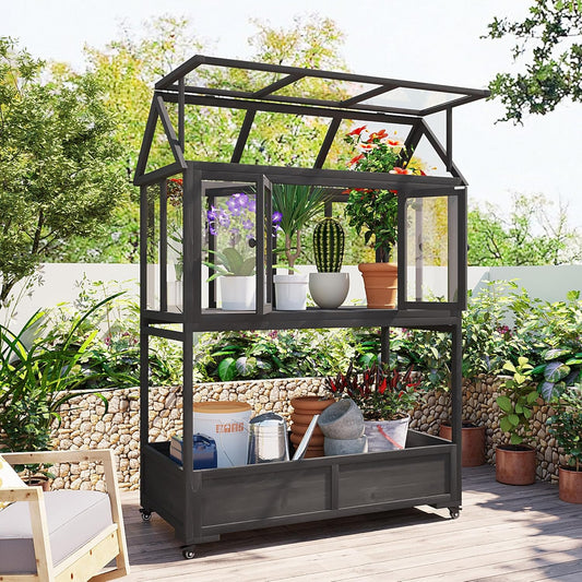 Portable Cold Frame Greenhouse with Wheels , Wooden Mini Greenhouse Cabinet for Gardens & Balconies , Openable Roof Design & Built-in Storage Box ,Easy-to-Move & Durable (Black)