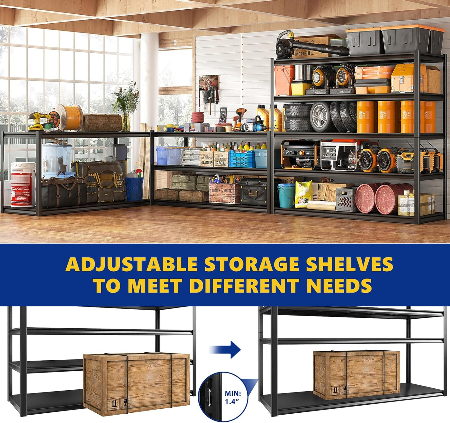 REIBII Garage Shelving 48.2" W Storage Shelves 3000LBS Metal Shelving Heavy Duty Adjustable Metal Shelf 5 Tier Pantry Shelves for Basement Warehouse Supermarket 72.2" H x 24.2" D x 48.2" W, 3 Pack