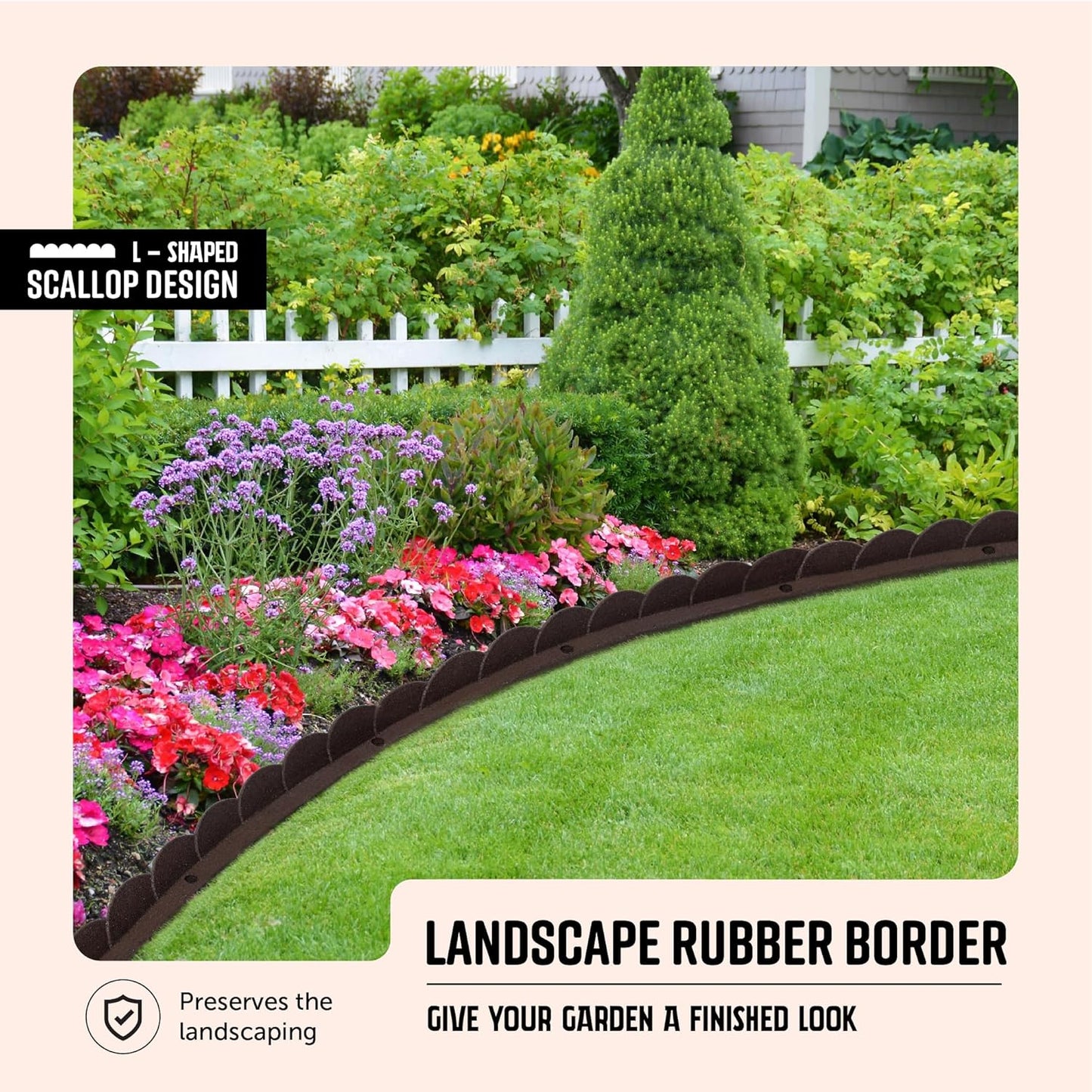 Playsafer L Shaped Flexible Rubber Scalloped Edger for Lawns Landscaping and Playground | Easy No Dig Installation| 4' Long (6, Brown)