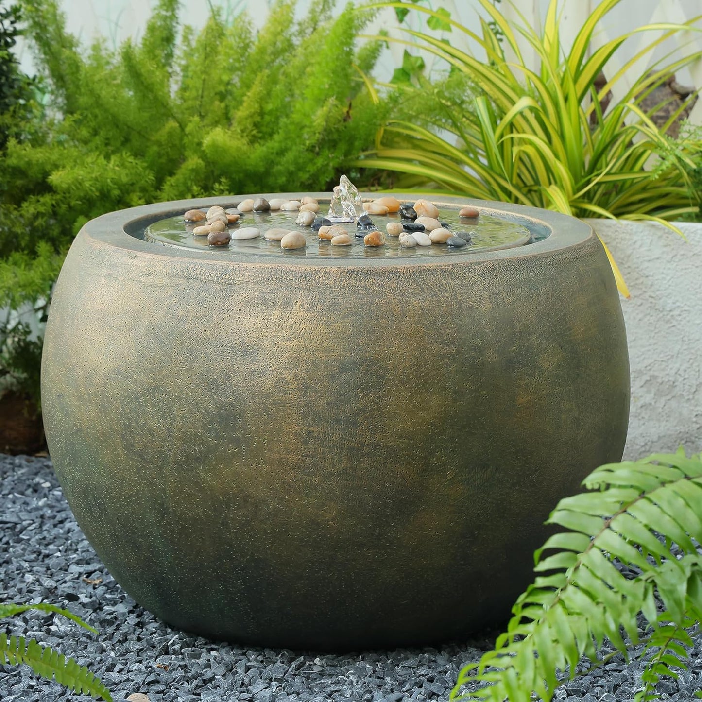 Garden Water Fountain Outdoor Large Round Bubbler Water Feature Indoor with Lights & Pump and Pebbles Concrete Effect for Patio Pool Pond Yard Home Decor Gold, 25 "L X 25" W X 17.5" H