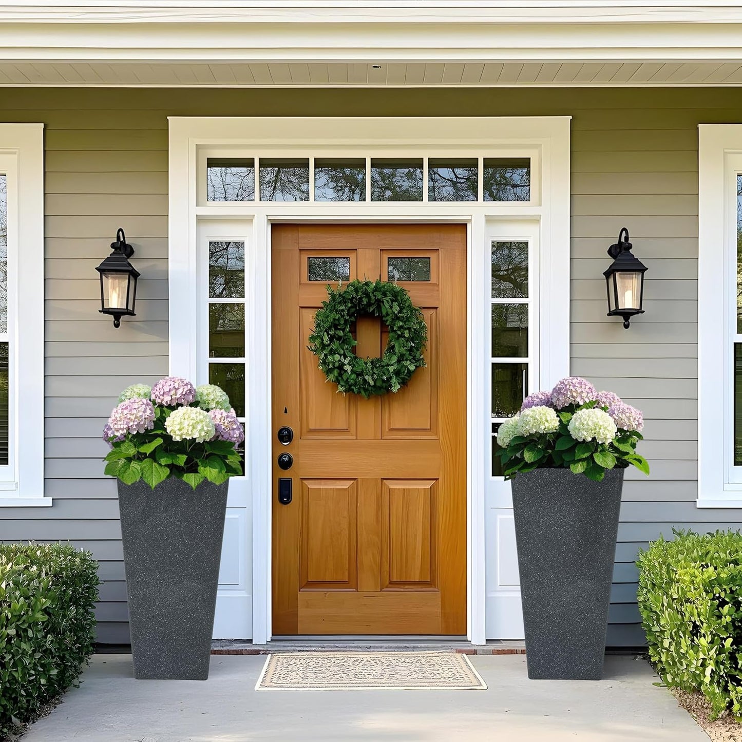 28" Large Tall Square Planters for Outdoor Plants, Set of 2 V-Shaped Planter Box with Black Terrazzo Look, Durable and Weather-Resistant, Ideal or Garden, Patio, Porch or Home use.