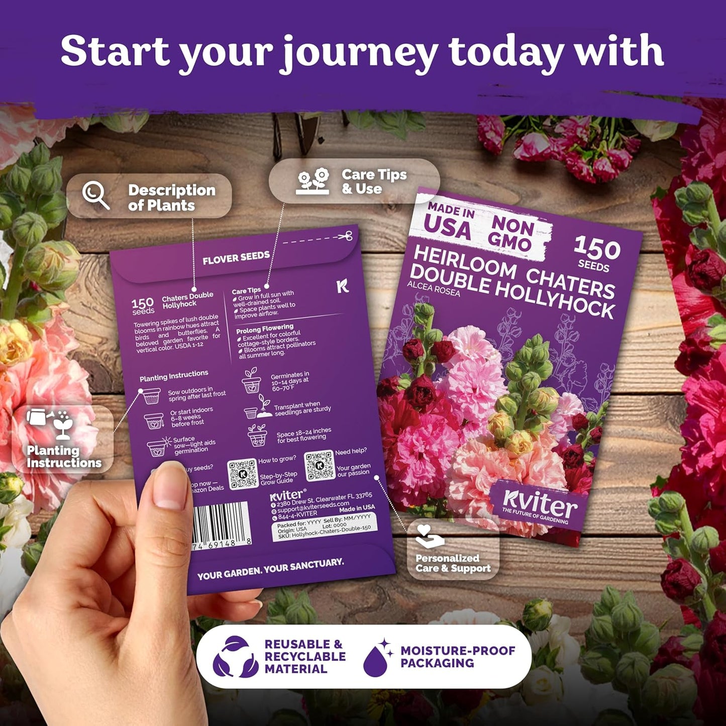 KVITER 150 Chaters Hollyhock Seeds for Planting (Alcea rosea) - Heirloom | Tall Blooms | Pollinator Magnet - Double Hollyhocks Flower Seeds to Plant Outside in Garden, Cottage Borders, Containers