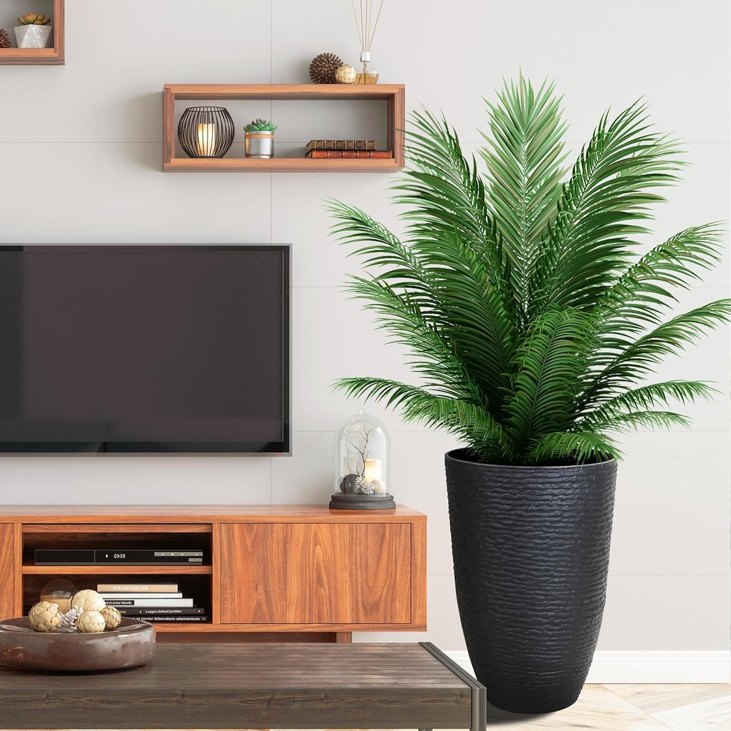 KOL 2-Pack 21in. Tall Plastic Planter - Large Round Tapered Plant Pots with Textured Finish - Black Imitation Stone Looking Big Flower Pots for Indoor & Outdoor Plants - Lightweight and Durable