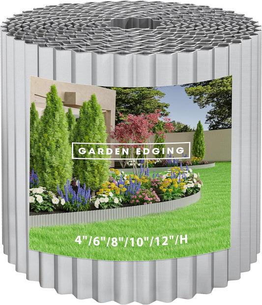 Metal Garden Edging Border, Corrugated Steel Landscaping, DIY for Lawn (Silver, 8 Inch x 10FT)