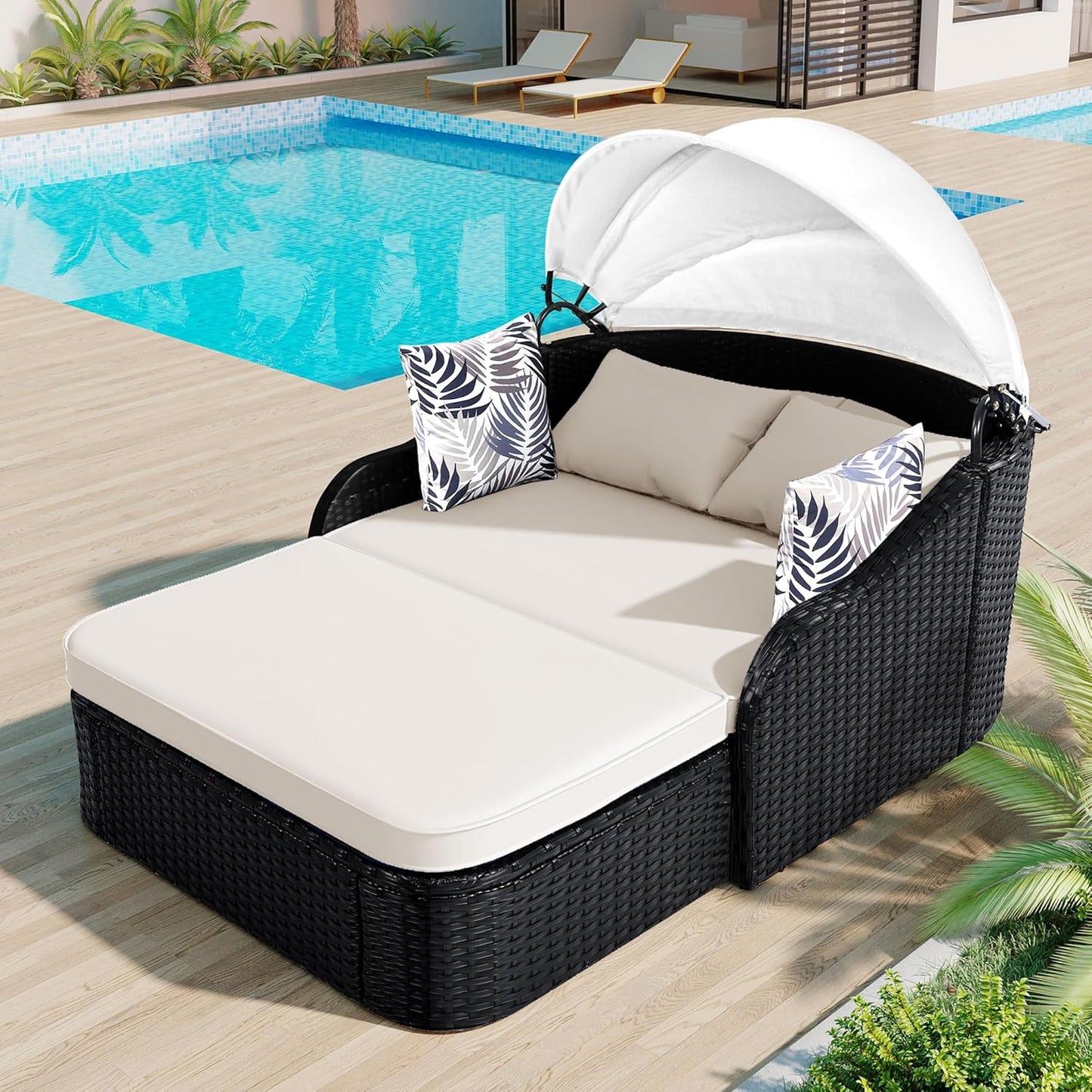 kevinplus Outdoor Patio Sunbed Daybed Double Lounge with Adjustable Canopy for Garden Backyard Pool, PE Rattan Wicker Material & Moveable Cushion Cover, Beige