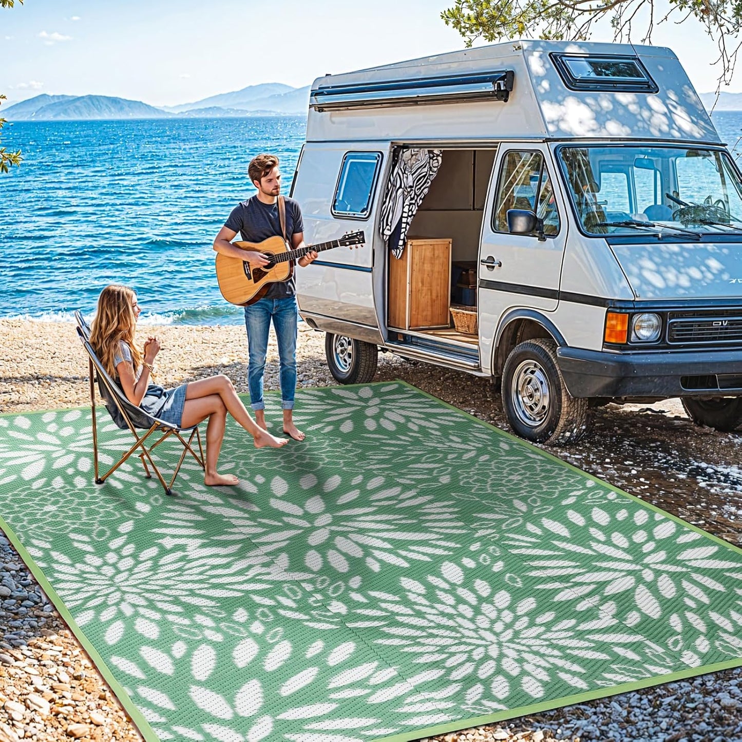 5'x8' Reversible Outdoor Rug - Eco-Friendly Plastic Straw Rug-Heavy-Duty Waterproof Mat, UV & Fade Resistant for Patio, Camping, RV, Deck, Balcony(5x8,Lake Blue&Floral)