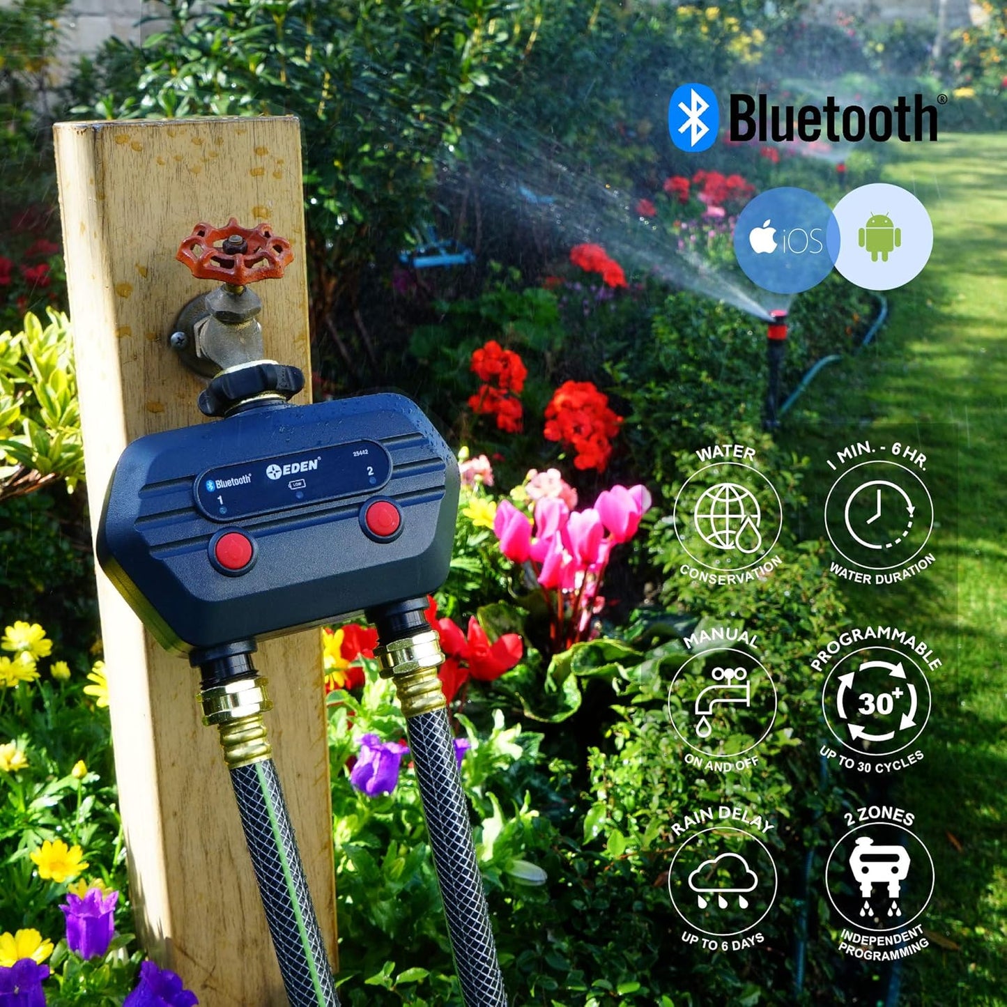 Eden 93442 2-Zone Bluetooth Water Timer for Smart Irrigation - Remote Control via App, Customizable Scheduling, and Water Delay Setting