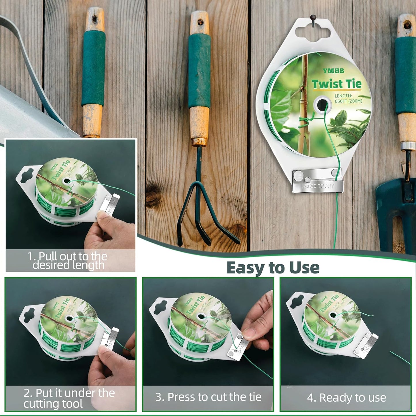 YMHB Twist Ties, 656Feet (200m) Green Garden Plant Ties with Cutter, Green Twist Ties for Gardening Tomatoes Vines Tie Garden Ties, Plant Support and Office Home Cable Organizing