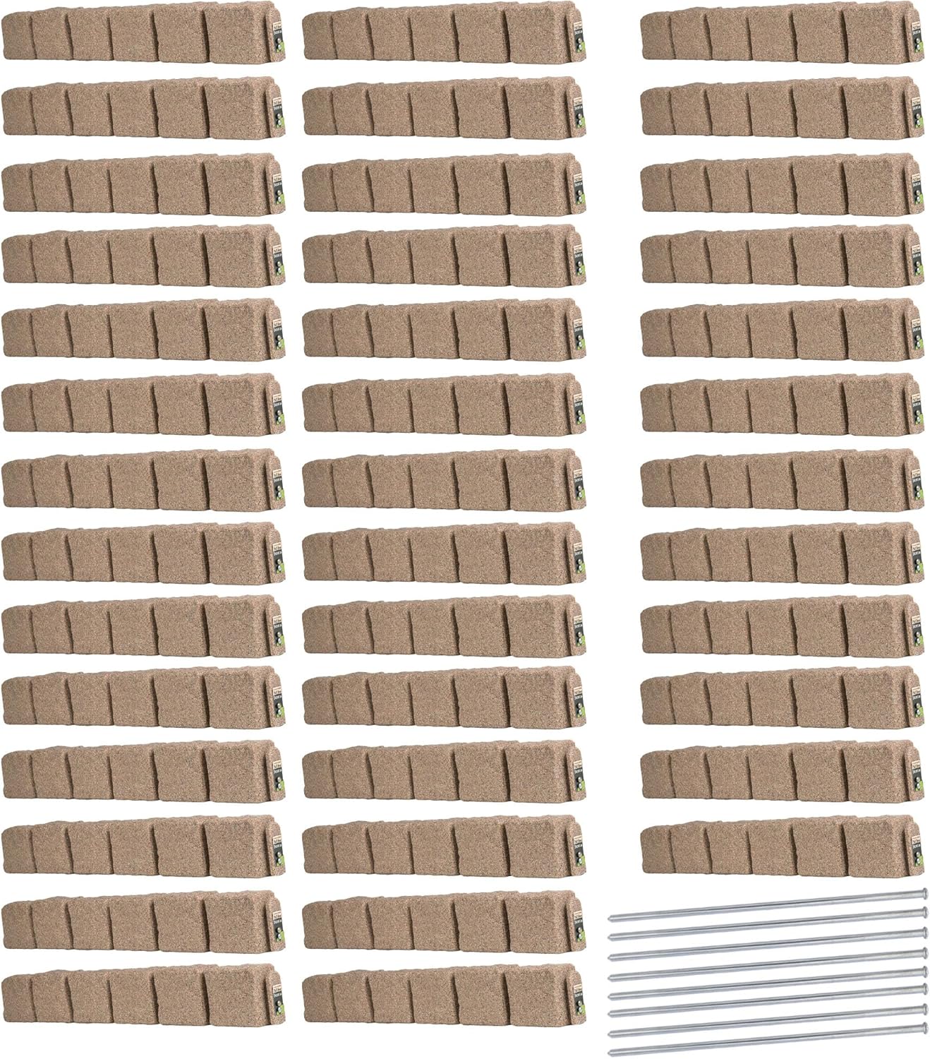 Beuta Landscape Edging | Garden Edging Border | Faux Stone Blocks for Lawn Edging, Flower Beds & Yard Edging – 40 Pack | Each Section Has 6 Blocks 48" L x 4" W x 6.5" H | 80 Spikes | Sandstone