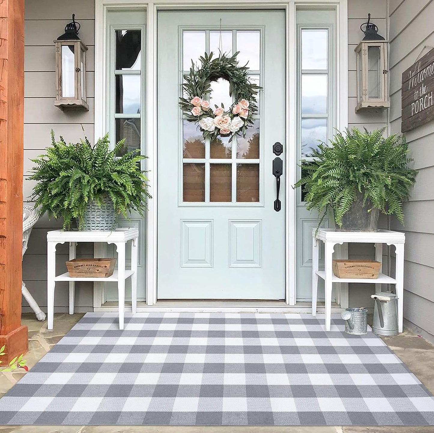 IOHOUZE Buffalo Plaid Checkered Rug 4x6 Ft Front Door Mats, Washable Area Rugs for Front Porch Decor, Spring Summer Welcome Mats Outdoor, Gray White Rug for Farmhouse/Entryway/Home Entrance