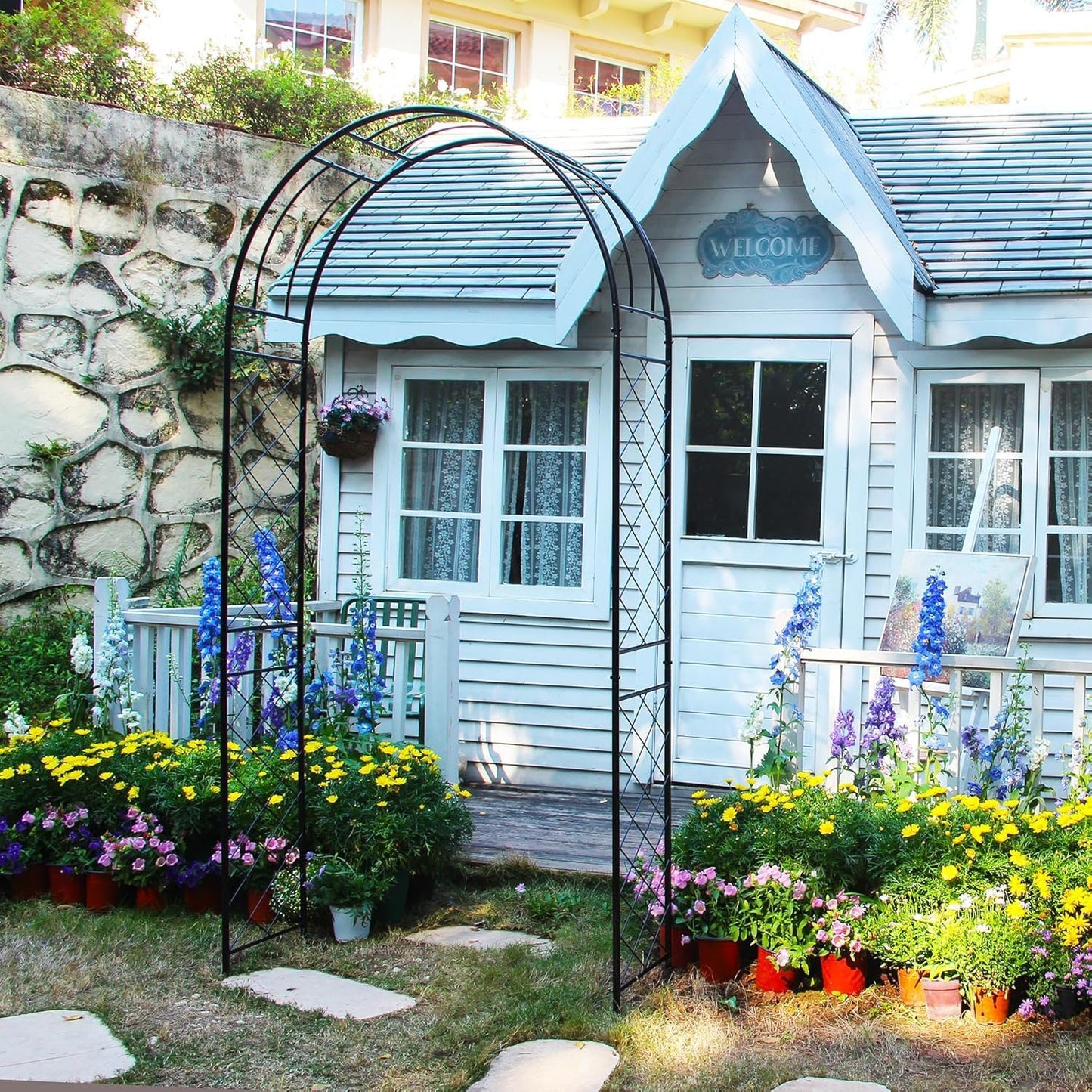 Garden Arbor 7.9 Ft High x 3.8 Ft Wide Sturdy Metal Archway with Ground Stakes to Enhance Stability for Different Grounds, Garden Arch Trellis Pergola for Climbing Plants, Decoration