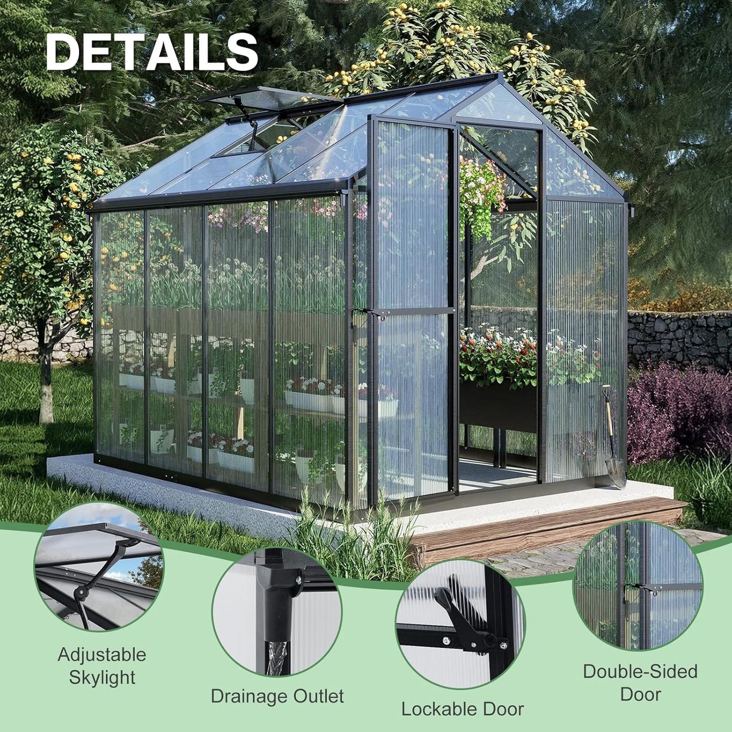 Aoodor 6 x 8 Ft Walk-in Greenhouse with Gutter, Polycarbonate and Heavy-Duty Aluminum Frame, Adjustment Skylight and Lockable 2-Sided Door for Patio, Outdoor, Yard, Lawn Use, Black
