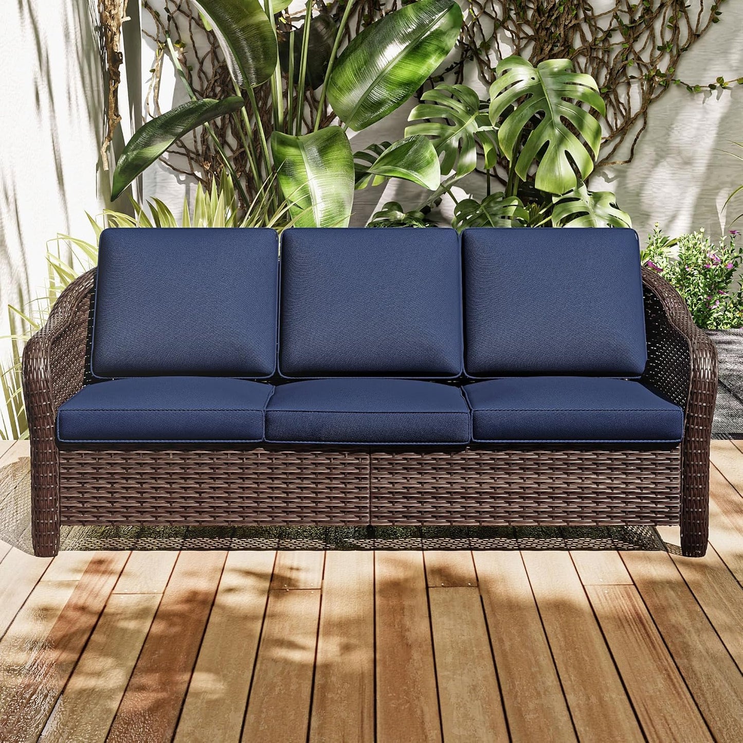78" Wicker 3-seat Sofa, Outdoor Conversation Furniture, All-Weather Rattan Couch, Steel Frame Couch with Cushions for Garden, Poolside, Porch (Navy Blue)
