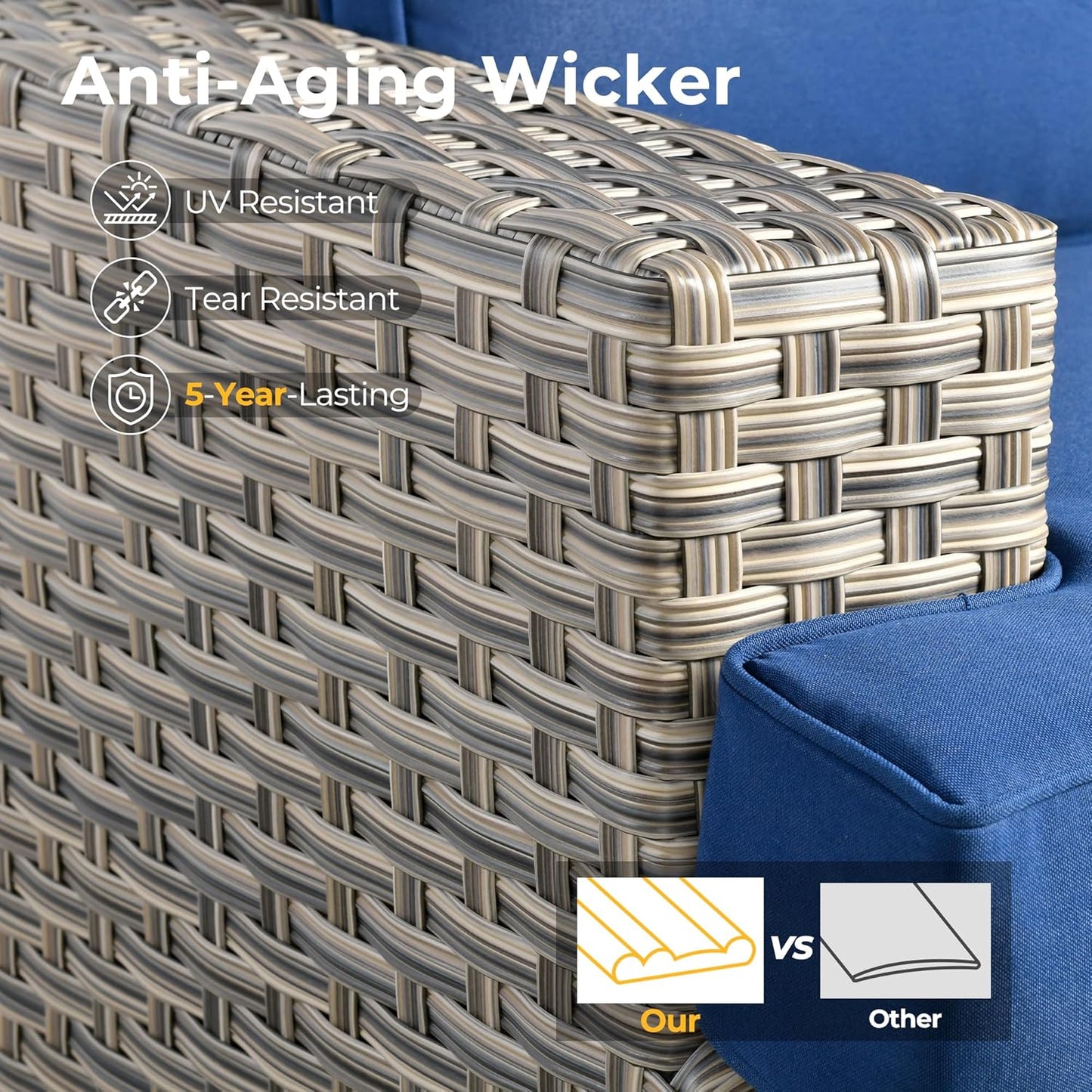 HOOOWOOO Outdoor Sectional Patio Furniture Set,7 Pieces Wicker Conversation Sets,Extra Deep Out Door Sofa Outside Furniture Couch with Ottoman,Navy Blue