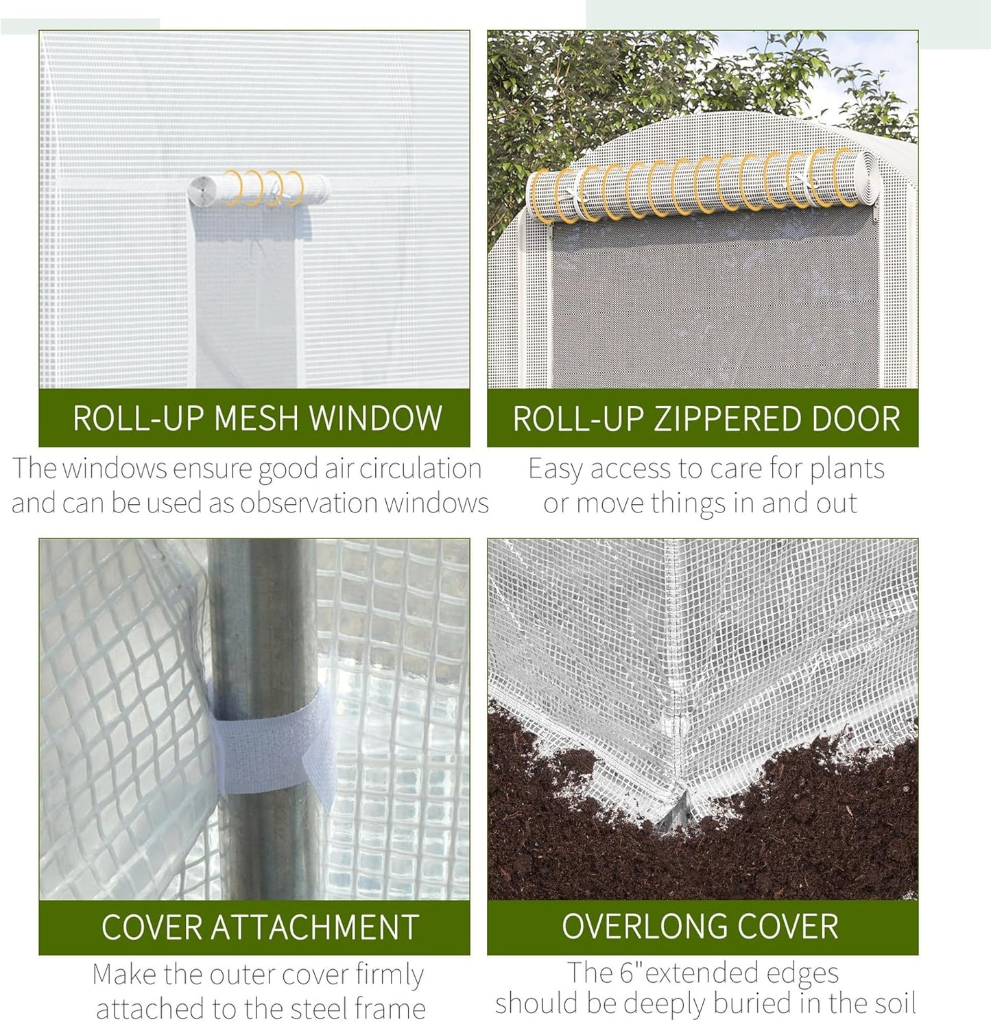 Outsunny 15' x 7' x 7' Walk-in Tunnel Greenhouse, Large Heavy Duty Garden Hot Green House Kit with 6 Roll-up Windows & Roll Up Door, Steel Frame for Garden Plants, White