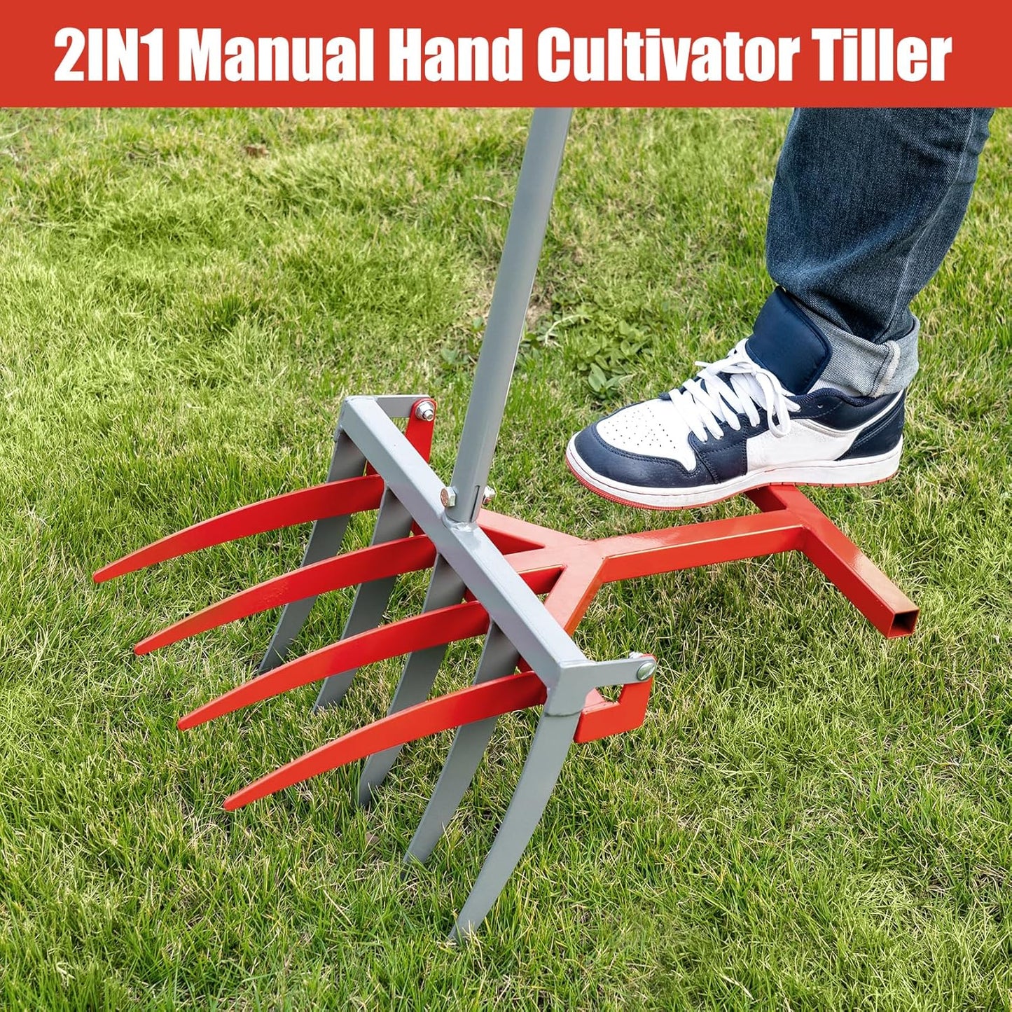 2-in-1 Broad Fork Garden Tool, Manual Hand Cultivator & Tiller, Heavy Duty Twist Tiller with 5+4 Steel Tines, Pitchfork for Soil Loosening, Digging, and Lawn Aeration