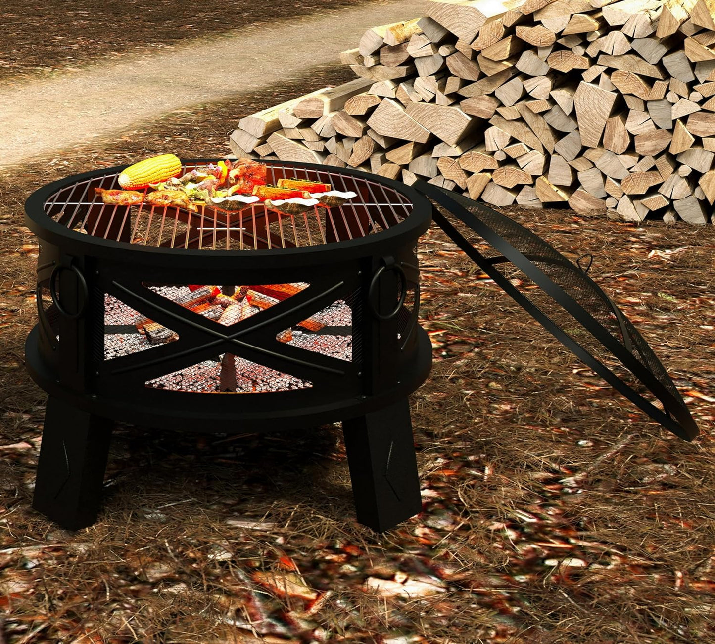 Fire Beauty 26"Steel Fire Pit with Grill Grate&Spark Screen,360° Airflow Boost Technology,Less Smoke,Larger Flames,Heavy-Duty Portable Camping Fire Pit for Backyard,Beach,RV (22lbs,4 Handles,Dual-Use)
