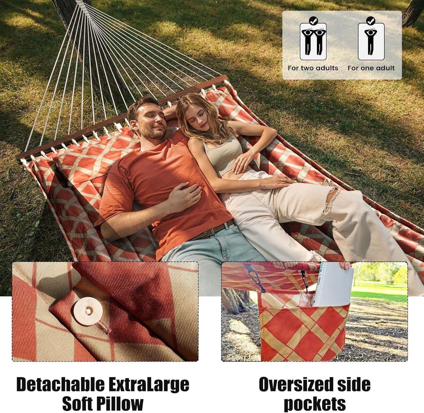 13 FT Tuscan Lattice Sienna/Taupe Quilted Hammock with Spreader Bars,Detachable Pillow and Chains,600lbs Capacity,Two Person Hammock for Outdoor, Patio, Backyard,Tree_Double Hammock
