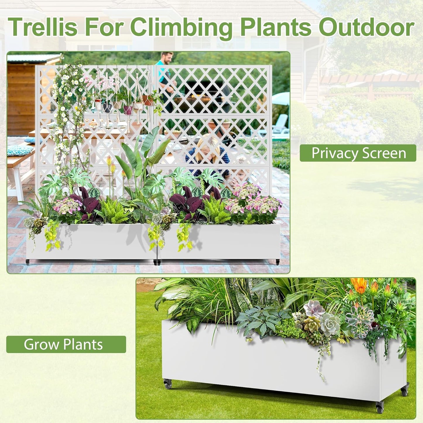 Metal Planter Trellis Box with Wheels & Drain Plug Outdoor Raised Garden Bed Patio Privacy Screen with Planter for Climbing Plants, Vegetables 73"x47"x16" White-Diamond