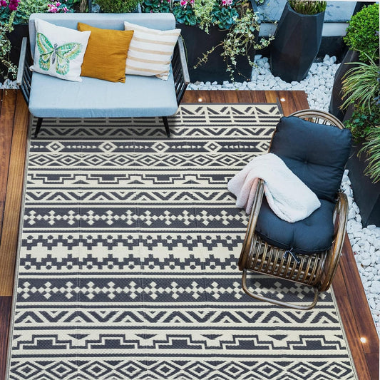 RV Waterproof Mat Outdoor Rugs 9'x12' for Patios Clearance Carpet Camping, Large Plastic Straw (9x12ft Geometric Boho Grey&White)