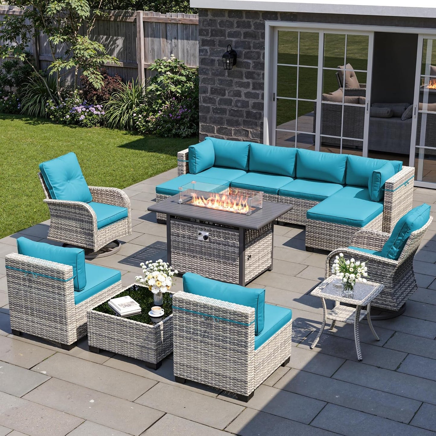 13-Piece Patio Furniture Set, Outdoor Patio Furniture with Swivel Chairs Set, Ottomans, 55,000 BTU Fire Pit Table, Modular Patio Sofa, Dual-Strand Wicker Rattan, Rust-Resistant Frame, Lake Blue