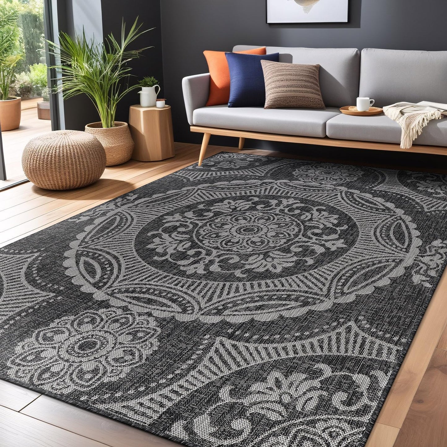 Medallion Outdoor Rug 5x7 Washable Outside Carpet for Indoor Patio Porch Waterproof Easy Cleaning Non Shedding Area Rugs Dark Gray 5 x 7