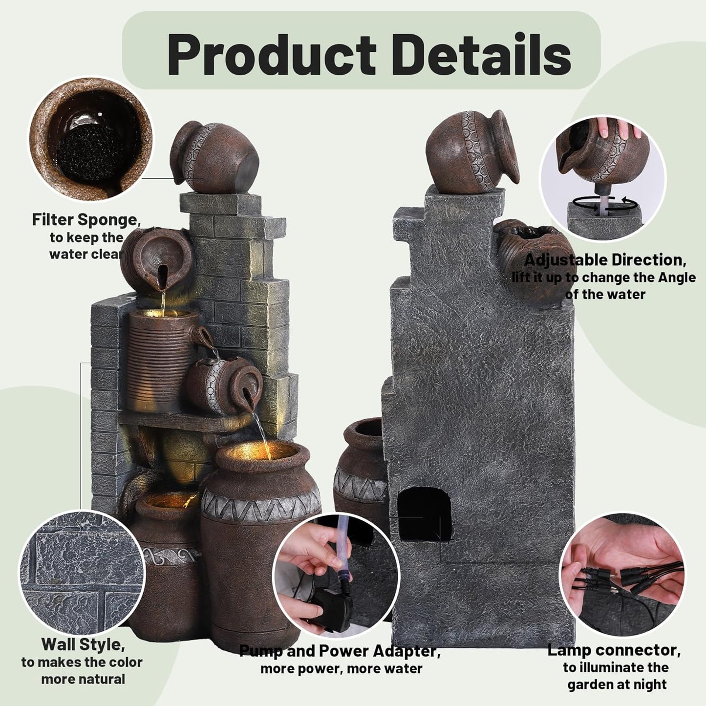 6-Tiers Garden Waterfall Fountain Outdoor - 31’5''H Water Fountains and Waterfalls, Large Outdoor/Indoor Floor Standing Resin Water Fountain with LED Light for Patio, Garden and Home (31.5”H)