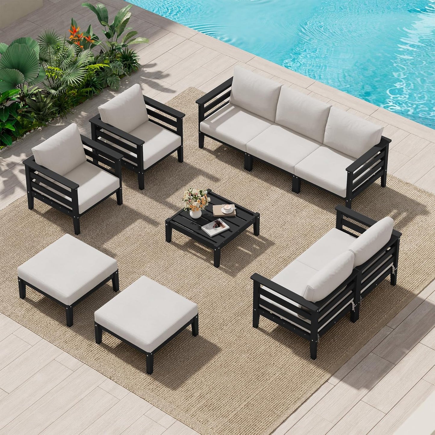 SERWALL HDPE Patio Furniture Set, 10 Pieces Outdoor Sectional Sofa Set, All-Weather Wood-Like Outdoor Sofa Couch with Coffee Table for Deck, Lawn, Black Frame with Khaki Cushion