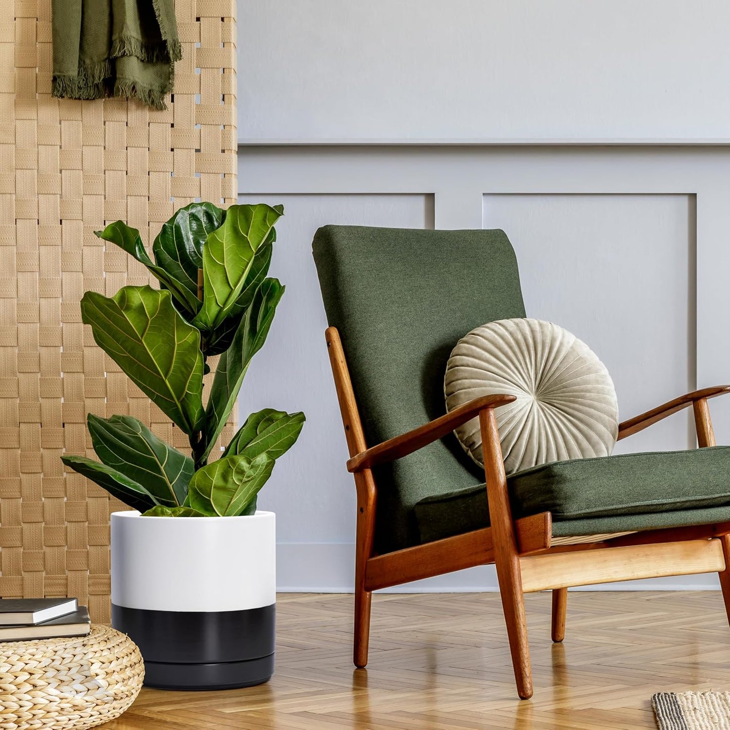 D'vine Dev 10 Inch Ceramic Planter Pot with Drainage Hole and Saucer, Indoor Cylinder Round Planter Pot, Layered Monochrome Black & White, 94-O-E-L