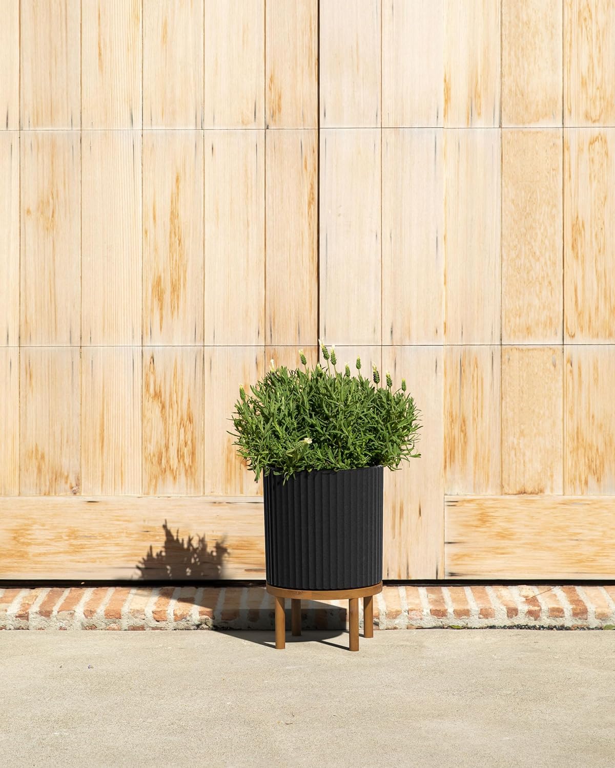 Veradek Demi Series Round Planter w/Stand for Porch/Patio | Durable Plastic-Stone Composite & Wooden Stand | Modern Décor for Tall Plants, Flowers