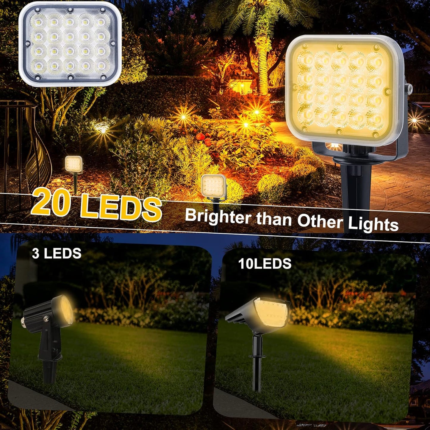 Solar Spot Lights Outdoor, 20 LED IP65 Waterproof Landscape Lighting, Dusk-to-Dawn 3000K Warm White Solar Outdoor Lights for Yard Garden Driveway Porch Walkway, 2-in-1
