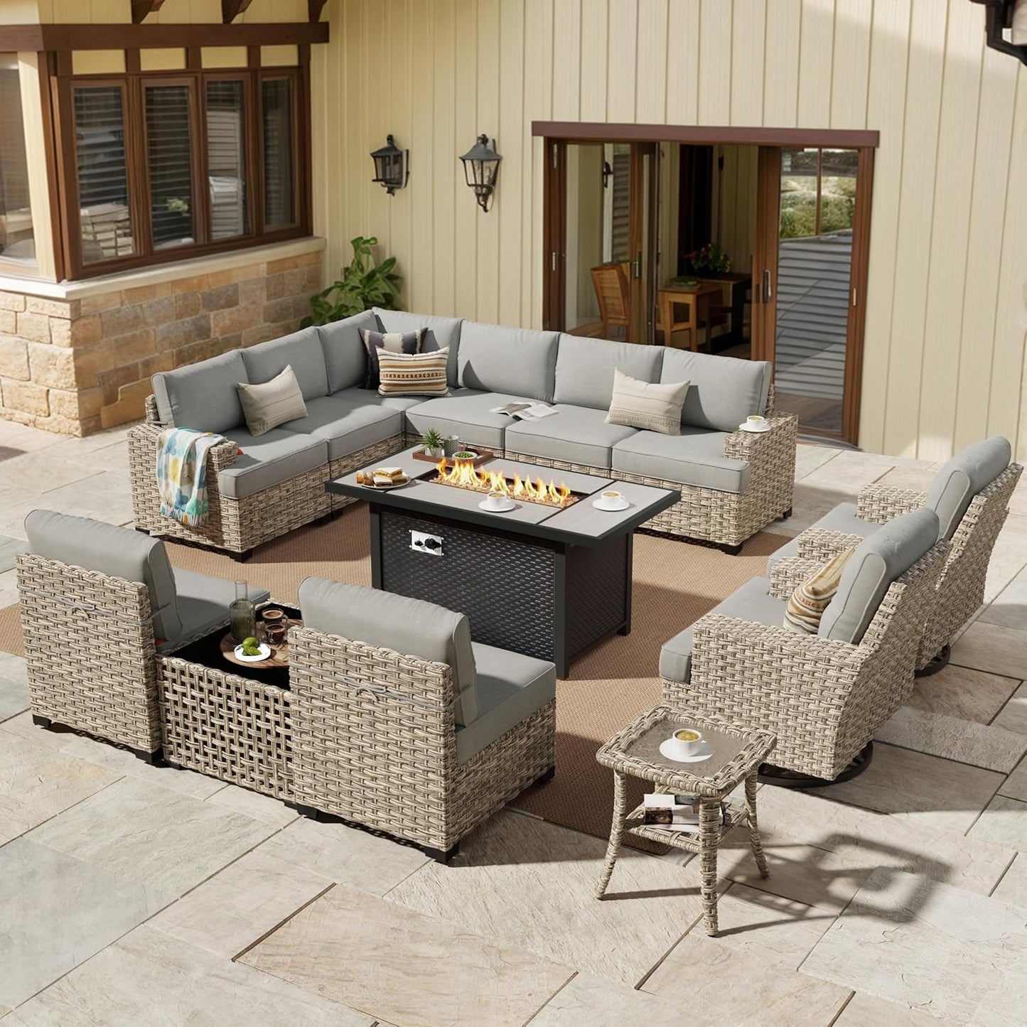 HOOOWOOO Outdoor Sectional Patio Furniture Set with Fire Pit Table,13 Pieces Wicker Conversation Sets L Shaped Couch,Extra Deep Out Door Sofa Outside Furniture with Swivel Chairs,Charcoal Gray