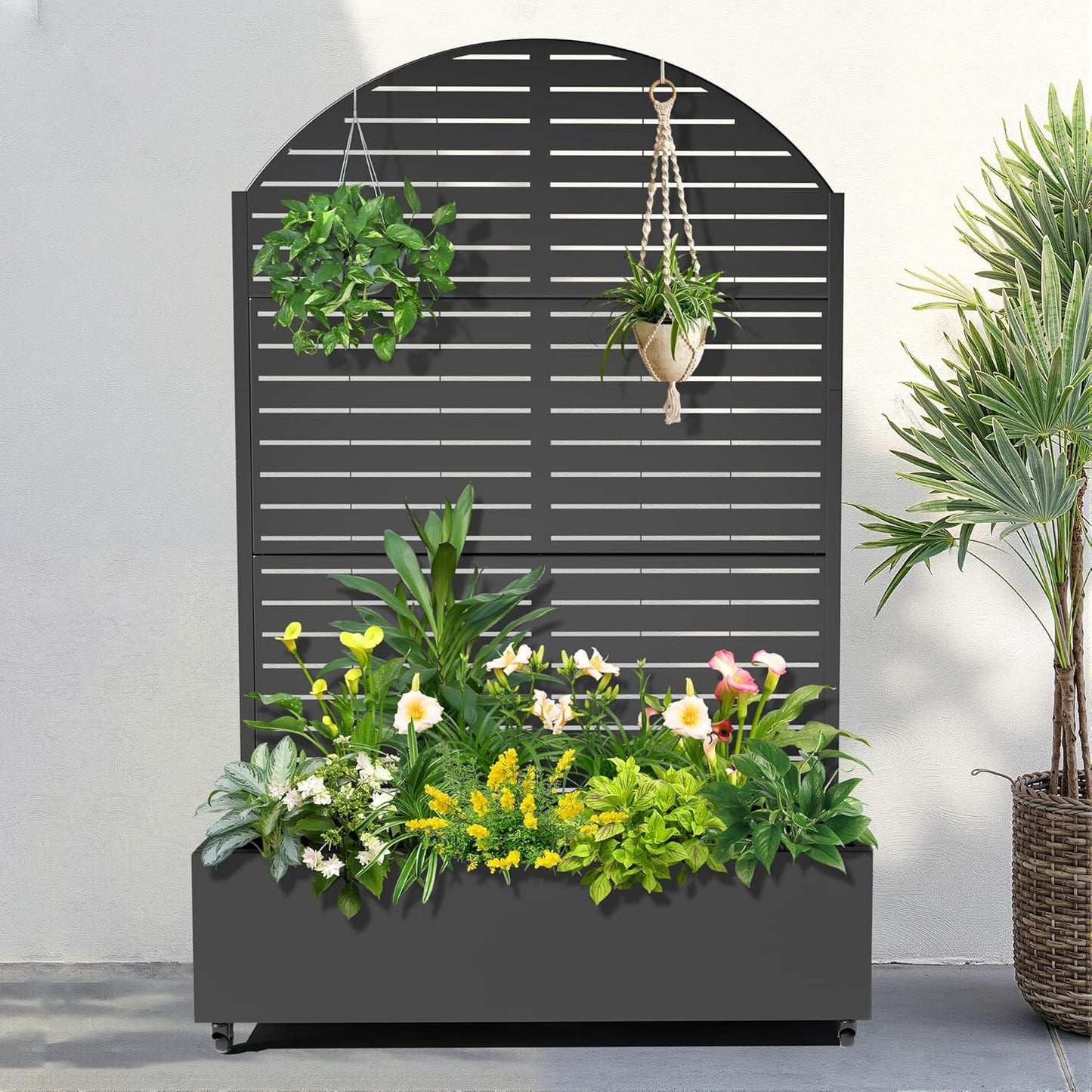 FENCY Metal Raised Garden Bed with Wheels and Trellis,Arched 73"x47"x16" Planter Box for Climbing Plants, Vegetables & Vines, Features Privacy Screen and Drainage Holes (Black-Louvered)