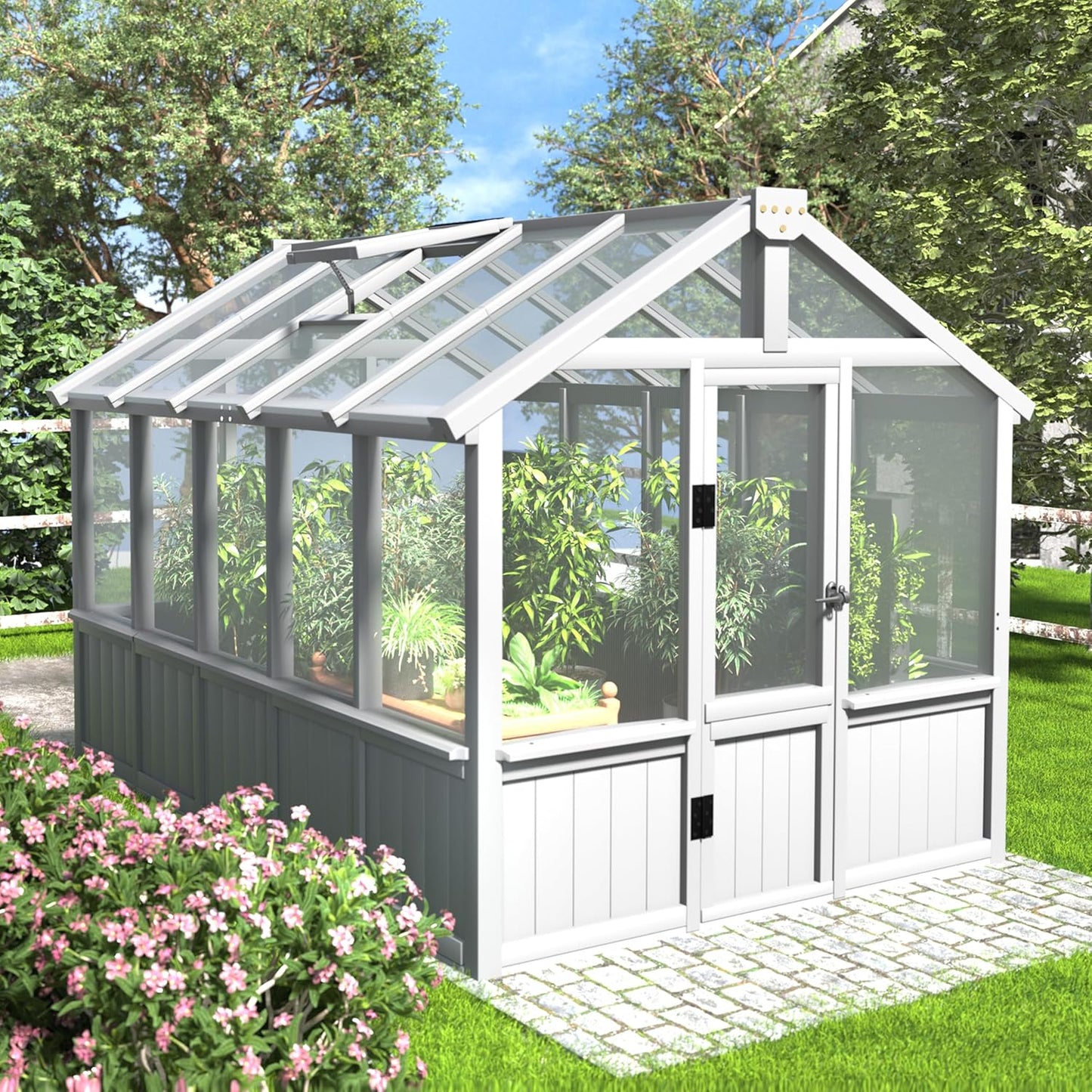 BlueWish 6x10 FT Greenhouse for Outdoors, Walk-in Green House with Cedar Frame, Adjustable Vent, Wood Greenhouses with 6MM Polycarbonate Panel, Greenhouse for Outside, Garden, Backyard, White