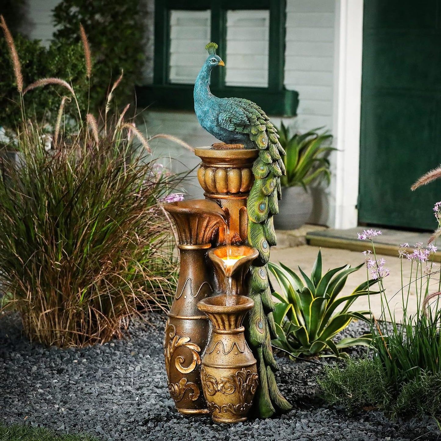 LuxenHome Outdoor Water Fountain, 44 Inch Resin Peacock Water Fountain Outdoor with Urns and LED Light, Tall Fountains Outdoor for Garden, Waterfall for Patio, Brown/Teal