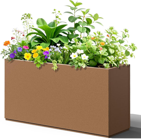 Rectangle Planter for Indoor & Outdoor, Tall and Long Planter Boxes with Drainage Holes, Mental Planter Box All-Weather Use for Plants, Flowers, 32" L x 10" W x 16.3" H, Brown