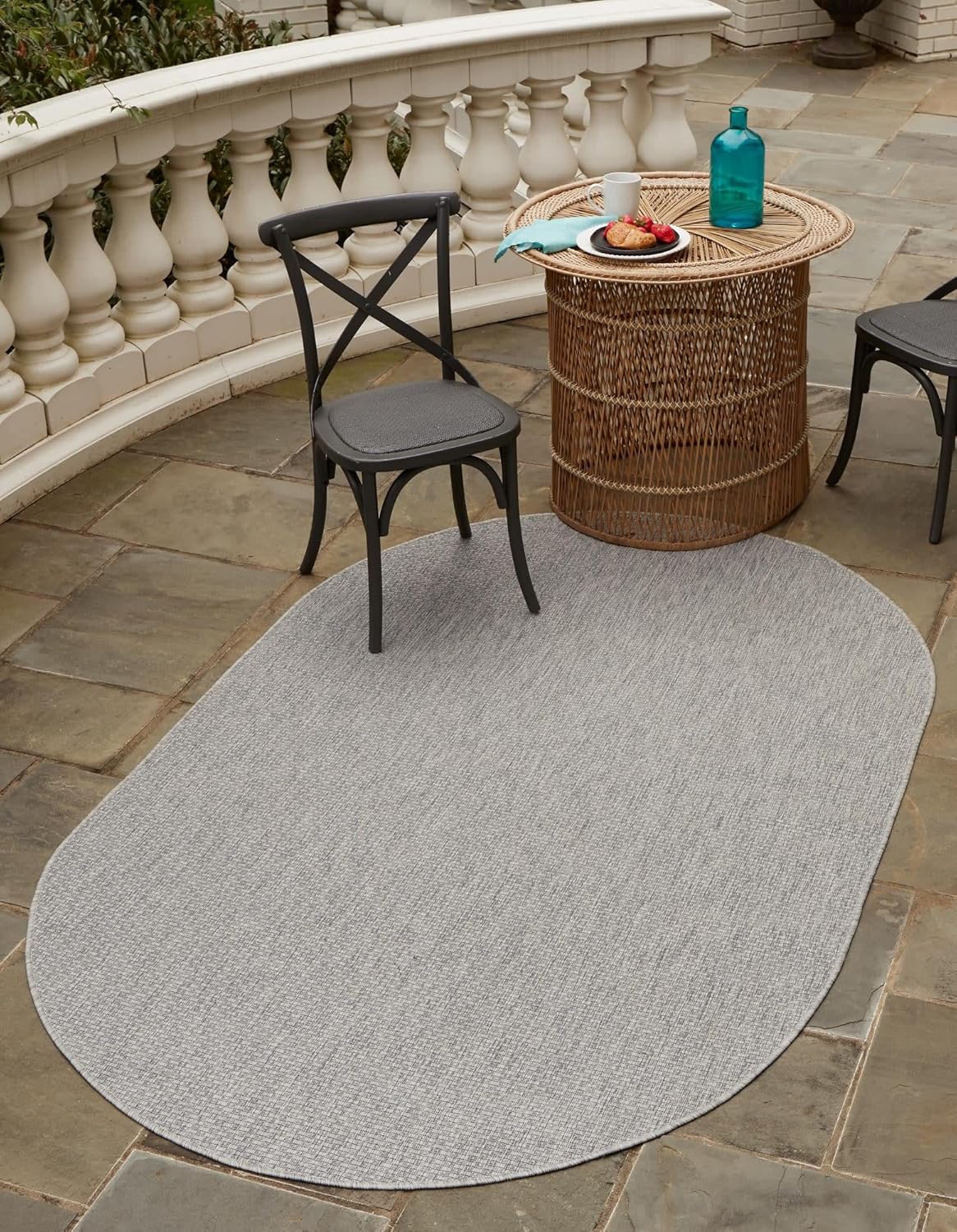 Unique Loom Collection Casual Transitional Solid Heathered Indoor/Outdoor Flatweave Area Rug (7' 10" x 10' Oval, Light Gray/Ivory)