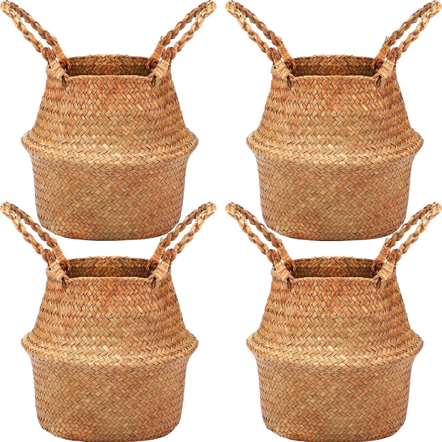 Qunclay Woven Seagrass Baskets Belly Basket Folding Boho Natural Plant Pot with Handles Round Decorative Wicker Large Indoor Planter for Home Outdoor Tree Planters Decor(8.66 x 7.87 Inch, 4 Pcs)