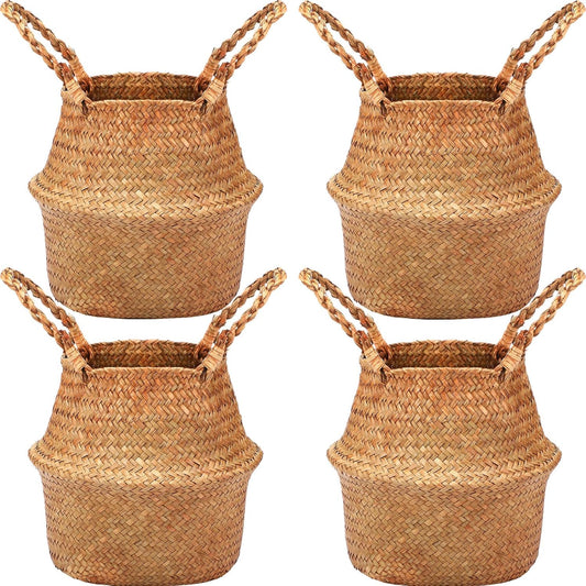 Qunclay Woven Seagrass Baskets Belly Basket Folding Boho Natural Plant Pot with Handles Round Decorative Wicker Large Indoor Planter for Home Outdoor Tree Planters Decor(8.66 x 7.87 Inch, 4 Pcs)