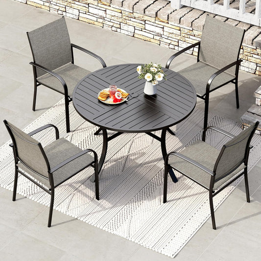 HERA'S HOUSE Round Patio Dining Set, 5 Piece Outdoor Metal Table and Chairs Set for Lawn Garden Backyard Deck